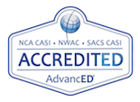 Logo for AdvancEd. Text reads NCA CASI, NWAC, and SACS CASI Accredited. AdvancED